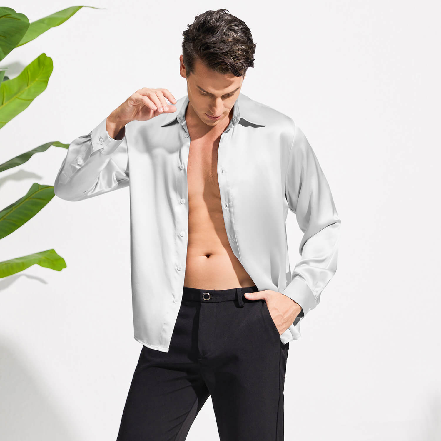 100% Mulberry Men's Silk Shirt Long Pure Silk Dress Shirts