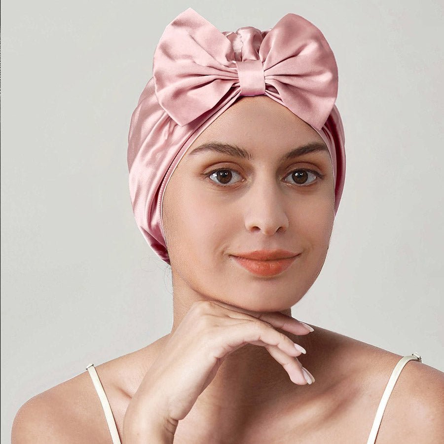 Women Elegant Bowknot Silk Sleep Caps Silk Bow Turban Pink M