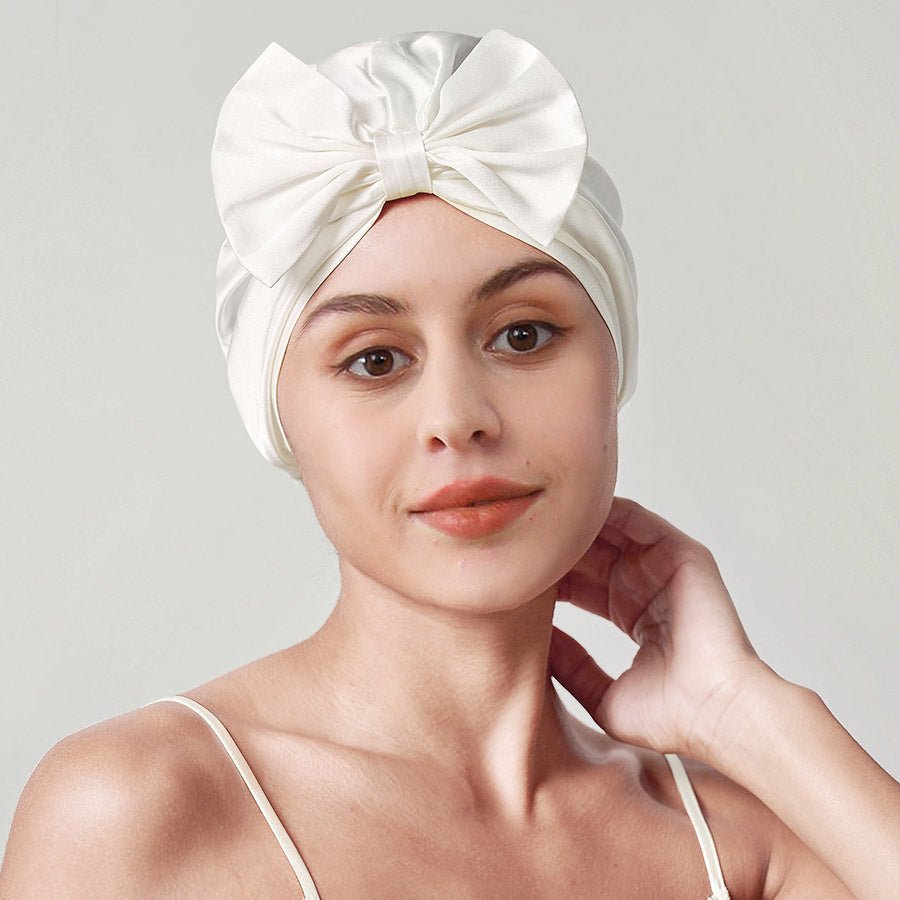 Women Elegant Bowknot Silk Sleep Caps Silk Bow Turban Ivory M