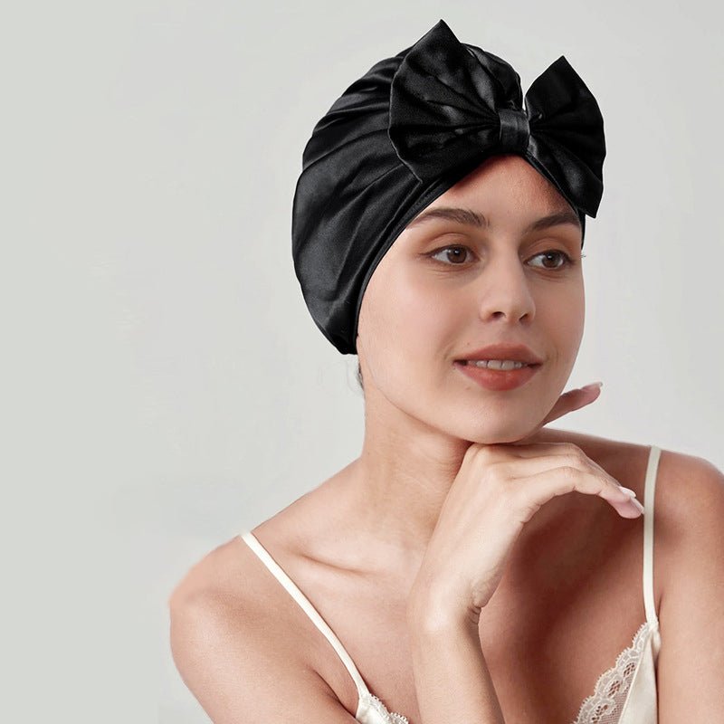 Women Elegant Bowknot Silk Sleep Caps Silk Bow Turban Black M