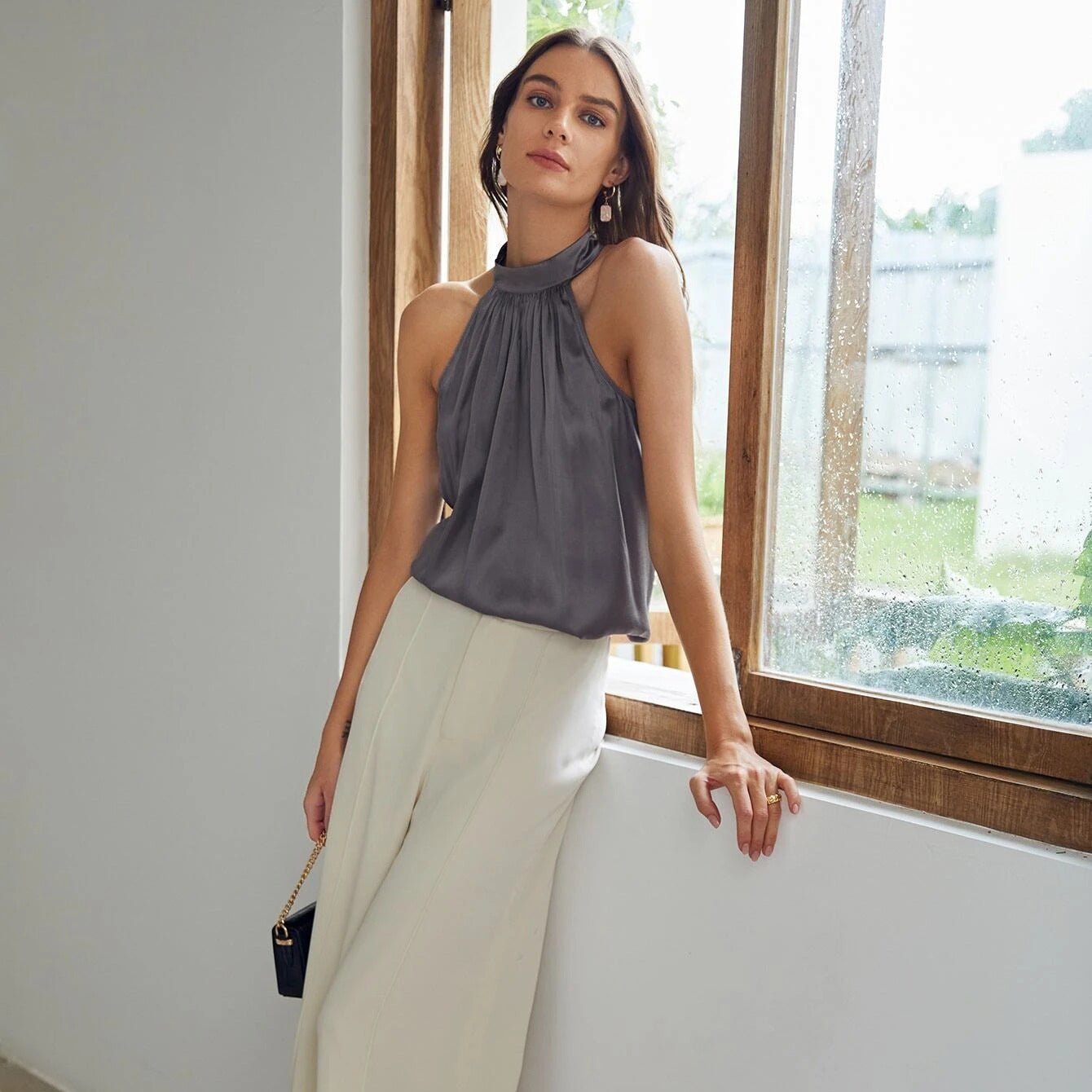 22 Momme Sleeveless Silk Shirt Silk Gathered Halter Top Burgundy XS