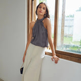 22 Momme Sleeveless Silk Shirt Silk Gathered Halter Top Burgundy XS