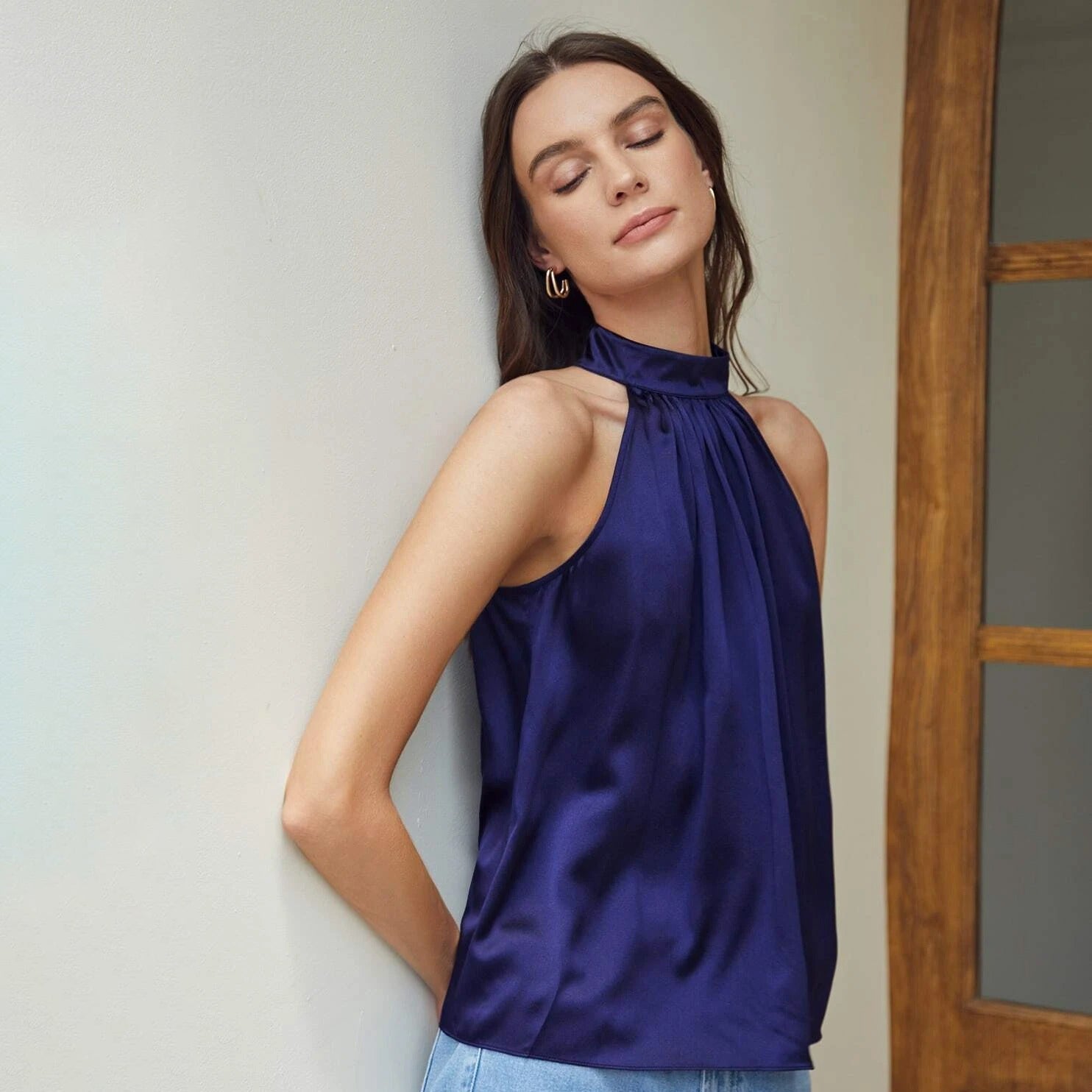 22 Momme Sleeveless Silk Shirt Silk Gathered Halter Top Burgundy XS