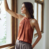 22 Momme Sleeveless Silk Shirt Silk Gathered Halter Top Burgundy XS