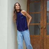 22 Momme Sleeveless Silk Shirt Silk Gathered Halter Top Burgundy XS