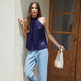 22 Momme Sleeveless Silk Shirt Silk Gathered Halter Top Burgundy XS