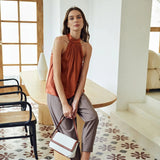 22 Momme Sleeveless Silk Shirt Silk Gathered Halter Top Burgundy XS