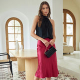 22 Momme Sleeveless Silk Shirt Silk Gathered Halter Top Burgundy XS