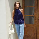 22 Momme Sleeveless Silk Shirt Silk Gathered Halter Top Burgundy XS