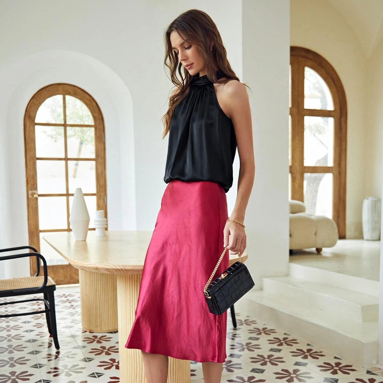 22 Momme Sleeveless Silk Shirt Silk Gathered Halter Top Burgundy XS