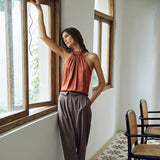 22 Momme Sleeveless Silk Shirt Silk Gathered Halter Top Burgundy XS