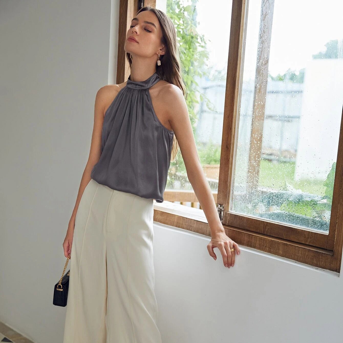 22 Momme Sleeveless Silk Shirt Silk Gathered Halter Top Burgundy XS