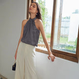 22 Momme Sleeveless Silk Shirt Silk Gathered Halter Top Burgundy XS