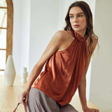 22 Momme Sleeveless Silk Shirt Silk Gathered Halter Top Burgundy XS