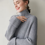 Damen-Pullover aus geripptem Kaschmir mit Rollkragen und Kaschmir-Raglan