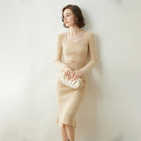 Womens Cashmere Sweater Dress Long Sleeve Ribbed Knit Cashmere Midi Dress