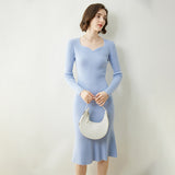 Womens Cashmere Sweater Dress Long Sleeve Ribbed Knit Cashmere Midi Dress