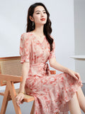 Womens Print Silk Dress Ruffle Hem V Neck Silk Midi Dress