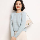 Damen-Pullover aus reinem Kaschmir mit Rundhalsausschnitt. Strukturierter langärmliger Kaschmir-Strickpullover