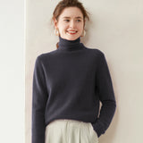 Rollkragen-Kaschmirpullover für Damen, langärmeliger Kaschmirpullover mit geripptem Saum