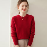 Womens Crew Neck Cashmere Sweater Ribbed Texture Cashmere Pullover