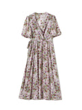 Damen Seidenkleid mit Blumenmuster, Wickel-Midi, Puffärmel und plissiertem Taillenbereich