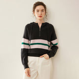 Womens Striped Cashmere Hoodie Half-Zip Cashmere Sweater