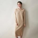 Womens Hooded Cashmere Sweater Dress Long Sleeve Cashmere Midi Dress