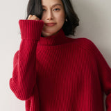 Damen-Pullover aus geripptem Kaschmir mit Rollkragen und Kaschmir-Raglan