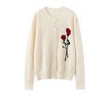 Kaschmir-Strickpullover für Damen mit Rosenstickerei und Knopfleiste vorne