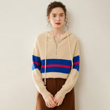 Womens Striped Cashmere Hoodie Half-Zip Cashmere Sweater