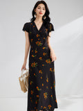 Womens Floral Print Silk Midi Dress V Neck Lace Trim A Line Silk Dress