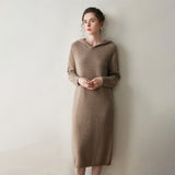 Womens Hooded Cashmere Sweater Dress Long Sleeve Cashmere Midi Dress