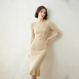 Womens Cashmere Sweater Dress Long Sleeve Ribbed Knit Cashmere Midi Dress