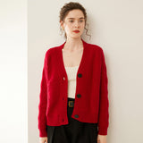 Strukturierter Damen-Kaschmirpullover mit V-Ausschnitt, Kaschmir-Knöpfe-Cardigan