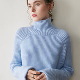 Damen-Pullover aus geripptem Kaschmir mit Rollkragen und Kaschmir-Raglan