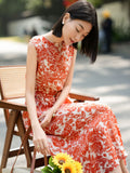 Toile Print Silk Midi Dress for Women Sleeveless Belted Silk Dress