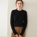 Womens Crew Neck Cashmere Sweater Ribbed Texture Cashmere Pullover