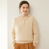 Kaschmir-Henley-Pullover aus Kaschmir mit Zopfmuster für Damen