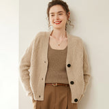 Strukturierter Damen-Kaschmirpullover mit V-Ausschnitt, Kaschmir-Knöpfe-Cardigan