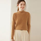 Damen-Kaschmirpullover mit Stehkragen und Zopfmuster, langärmlig