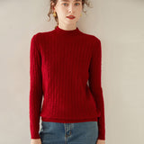 Damen-Kaschmirpullover mit Stehkragen und Zopfmuster, langärmlig