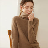 Rollkragen-Kaschmirpullover für Damen, langärmeliger Kaschmirpullover mit geripptem Saum
