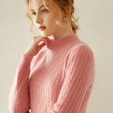 Damen-Kaschmirpullover mit Stehkragen und Zopfmuster, langärmlig