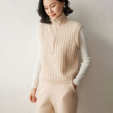 Womens Cable Knit Cashmere Vest Zip Mock Neck Cashmere Sweater Vest