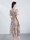 Damen Seidenkleid mit Blumenmuster, Wickel-Midi, Puffärmel und plissiertem Taillenbereich