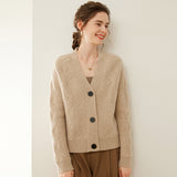 Strukturierter Damen-Kaschmirpullover mit V-Ausschnitt, Kaschmir-Knöpfe-Cardigan