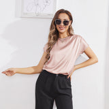 Womens Silk Tops Round Neck Short Sleeves Pure Silk Shirts