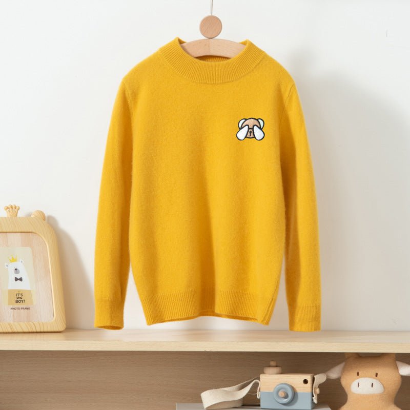 Boys And Girls Crew Neck Pure Cashmere Sweater Embroidery Bear Yellow 100