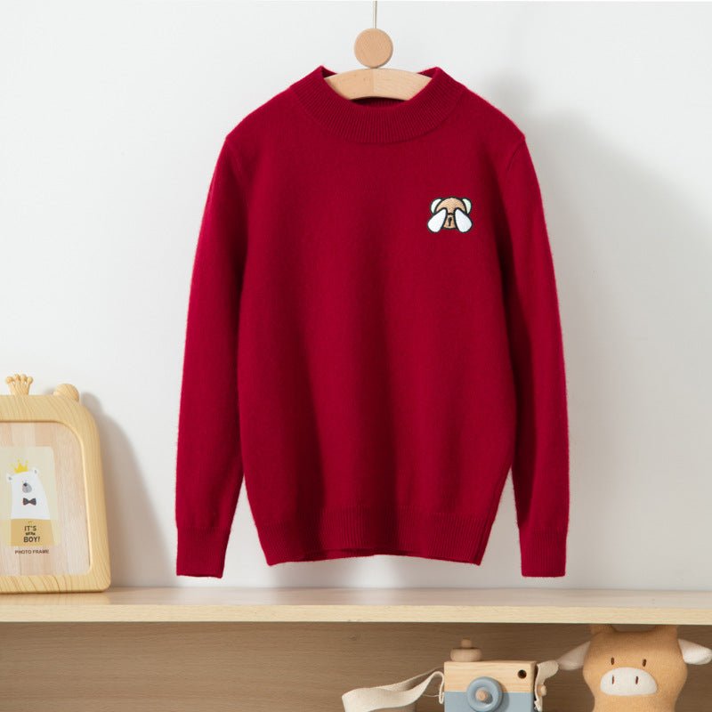 Boys And Girls Crew Neck Pure Cashmere Sweater Embroidery Bear Red 100